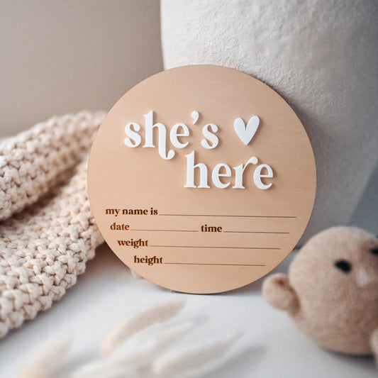 'She's or He's Here' Announcement Plaque